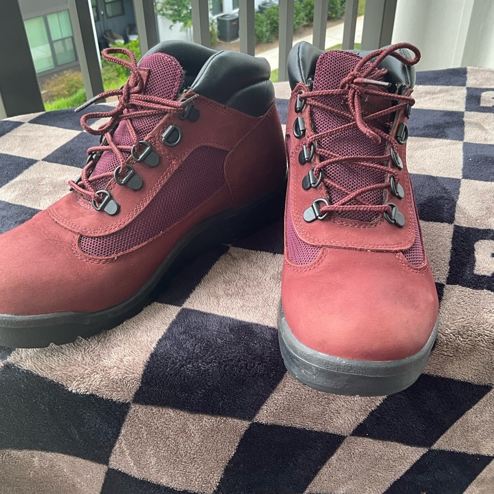 Timberland Red and Black Ankle Boots with Rugged Design